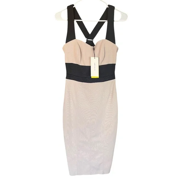 NWT‎ Karen Millen Midi Sheath Pencil Dress Cross Back Bodycon Ribbed Nude 6 - Picture 5 of 16